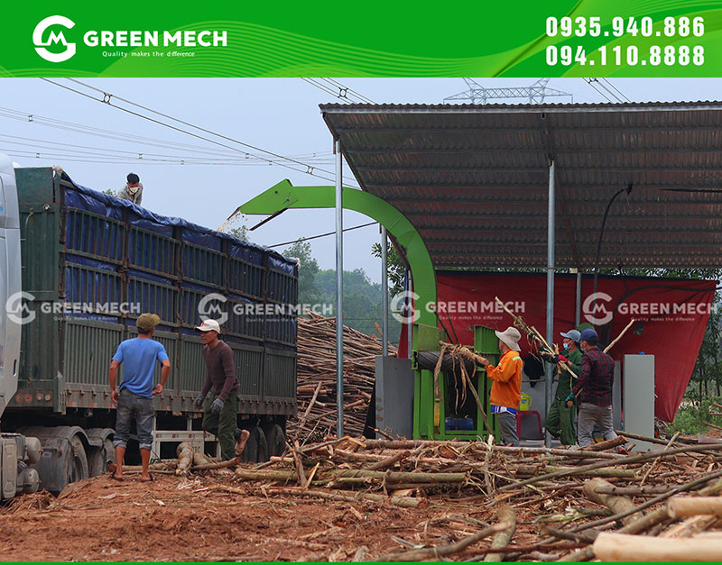 Công nhân vận hành máy băm dăm gỗ tại Quảng Bình